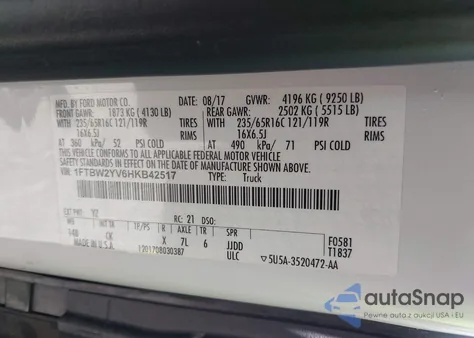 2017 Ford Transit-350 z USA, uszkodzony, nr VIN 1FTBW2YV6HKB42517